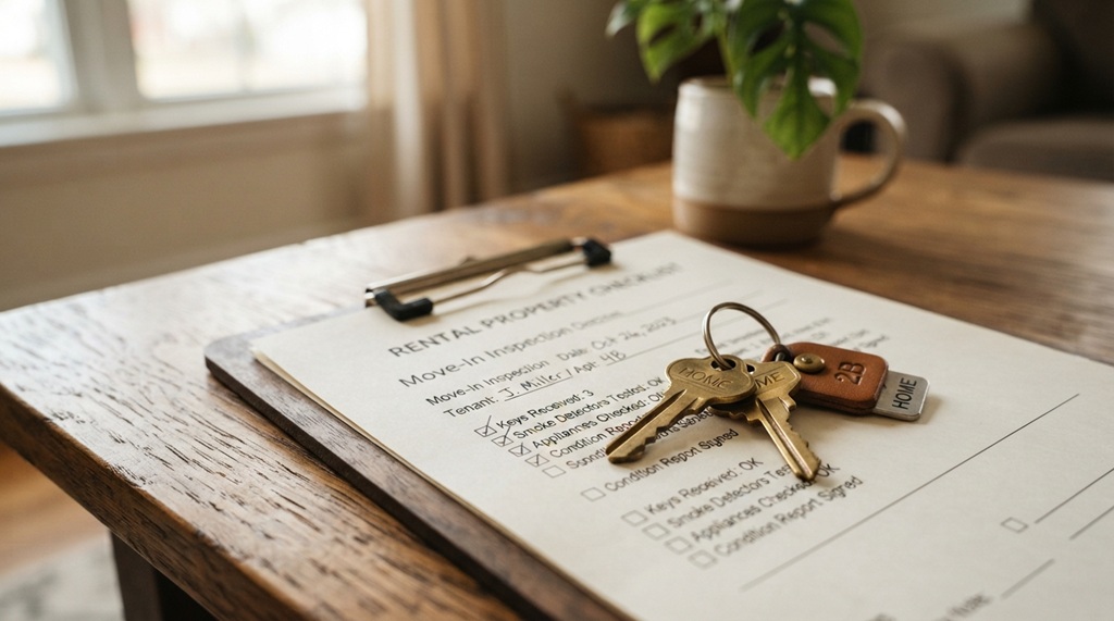 Brass house keys resting on a printed rental checklist and clipboard.