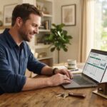Man reviewing down payment calculation on laptop with house model on desk.