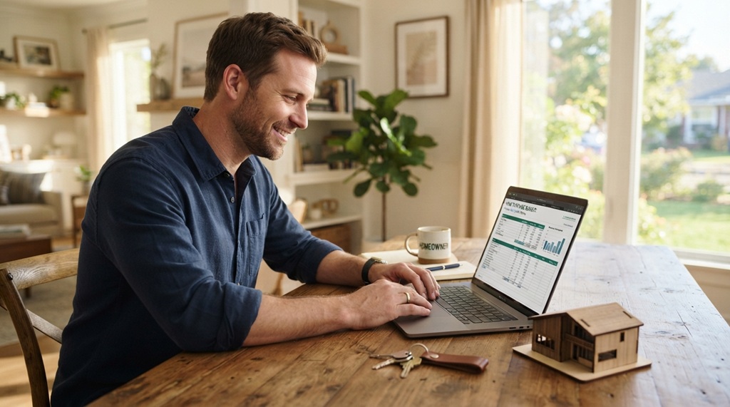 Man reviewing down payment calculation on laptop with house model on desk.