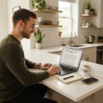 A man reviewing a rental agreement on a laptop at a kitchen table.