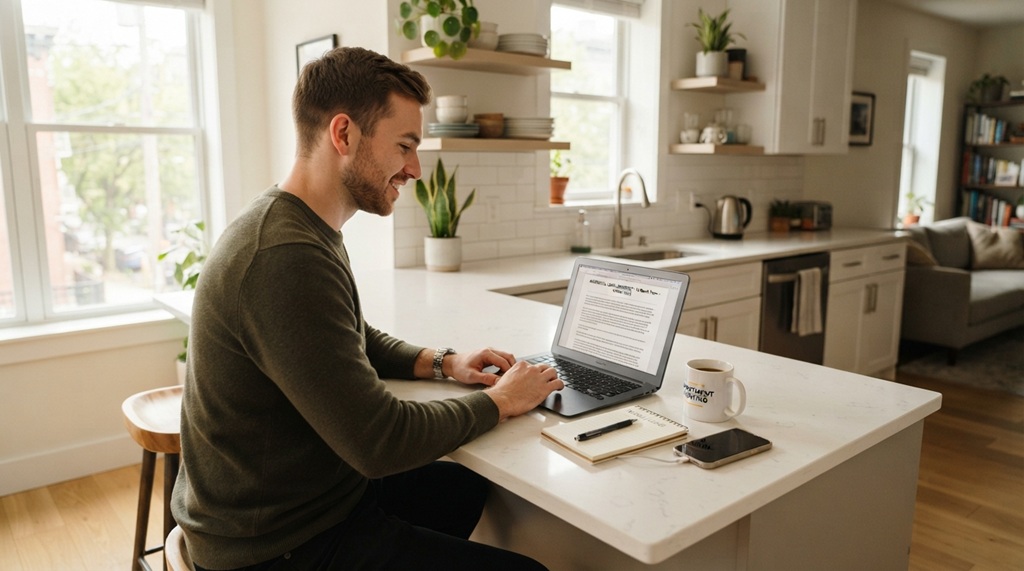 A man reviewing a rental agreement on a laptop at a kitchen table.