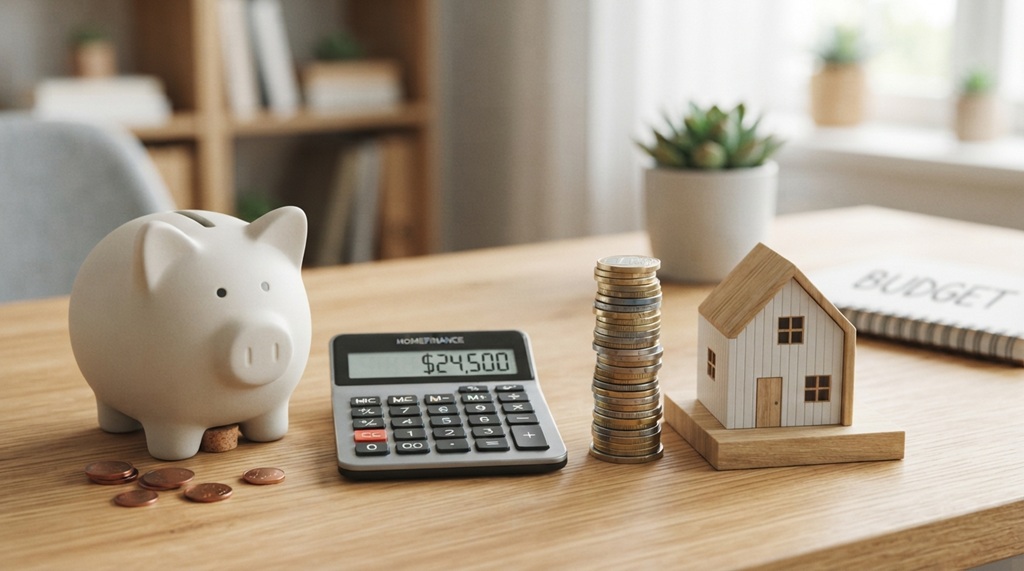 Calculator sitting next to piggy bank and small house model for budget planning.