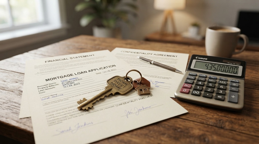House key lying on top of signed mortgage rate documents and financial calculator.