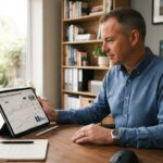 Man analyzing current mortgage rates on a digital tablet in a home office.
