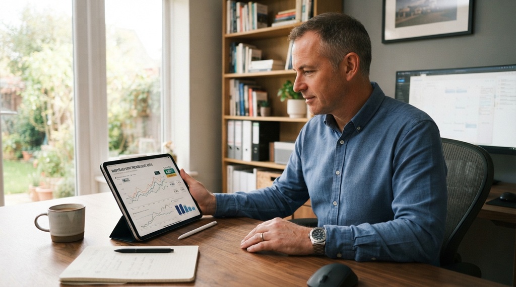 Man analyzing current mortgage rates on a digital tablet in a home office.