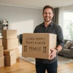Man holding labeled cardboard box in clean living room while relocating home.