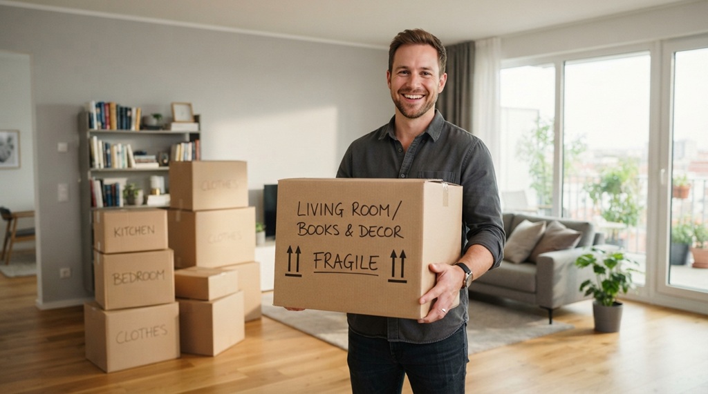 Man holding labeled cardboard box in clean living room while relocating home.
