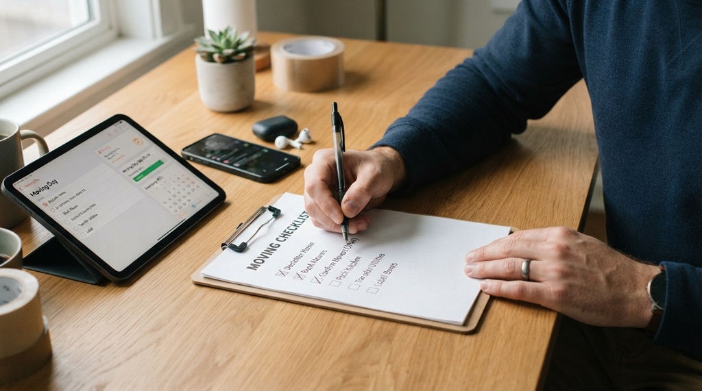 Man crossing off items on moving checklist at desk with tablet.