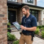 Male home inspector using digital tablet to inspect house exterior wall.