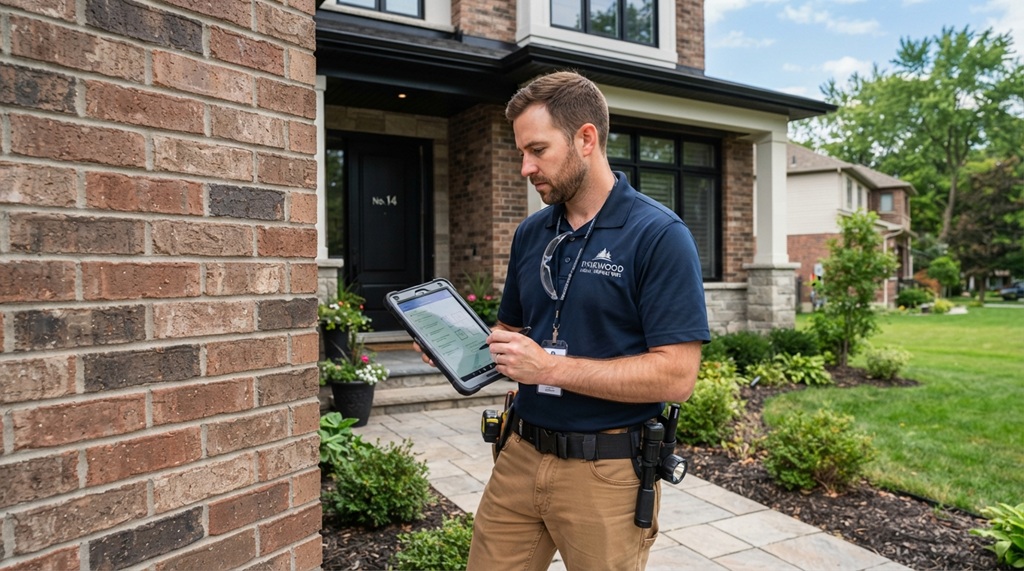 Male home inspector using digital tablet to inspect house exterior wall.