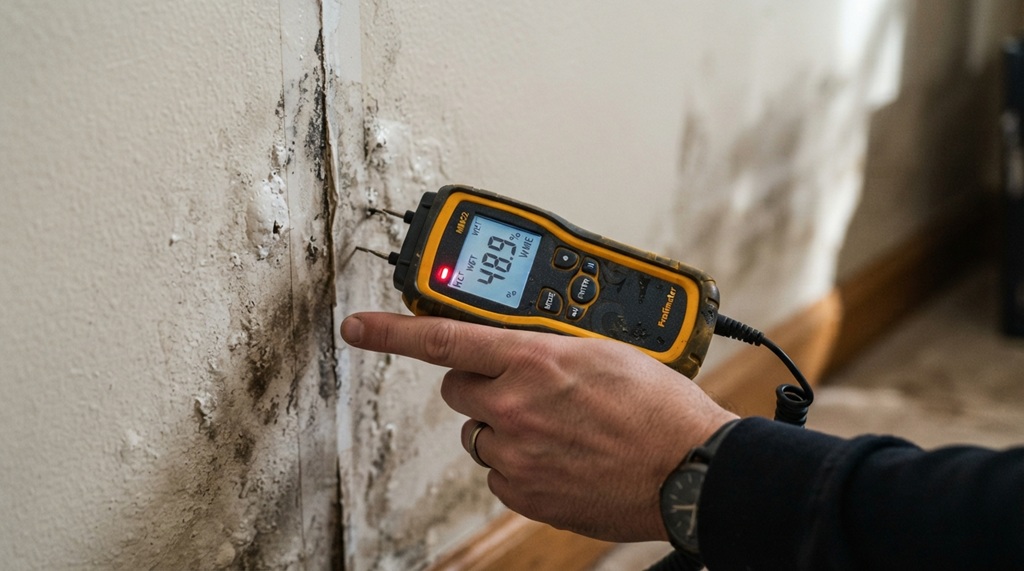 Handheld moisture meter testing drywall interior for hidden water leaks.